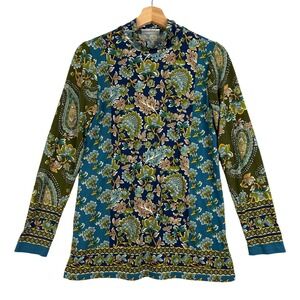 Susan graver shirt blouse women Sz XS Multicolor Paisley Floral‎ print high neck